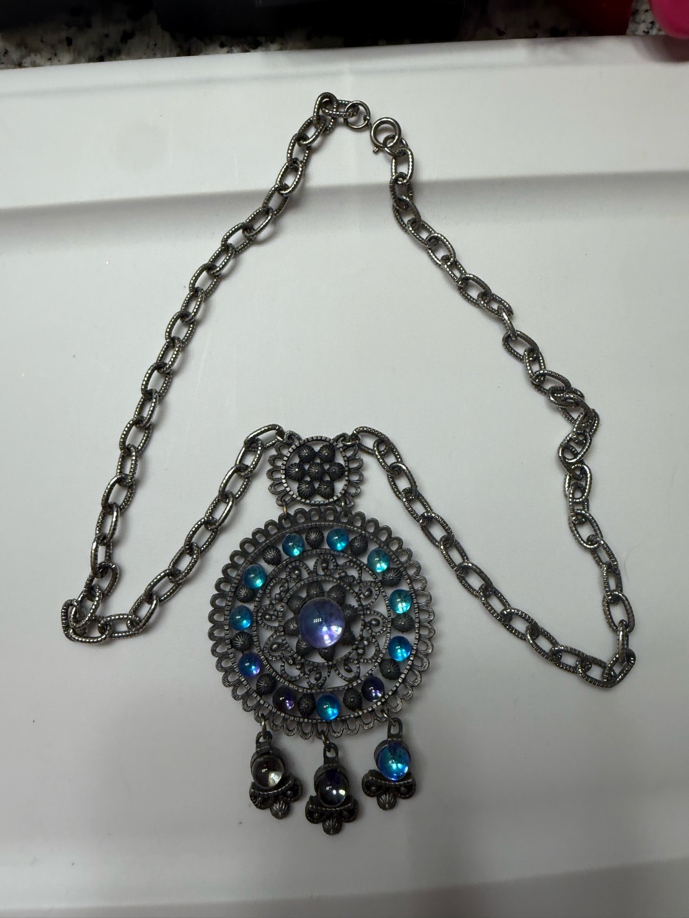 Boho Silver-Tone Filigree Pendant Necklace with Blue Accent Stones